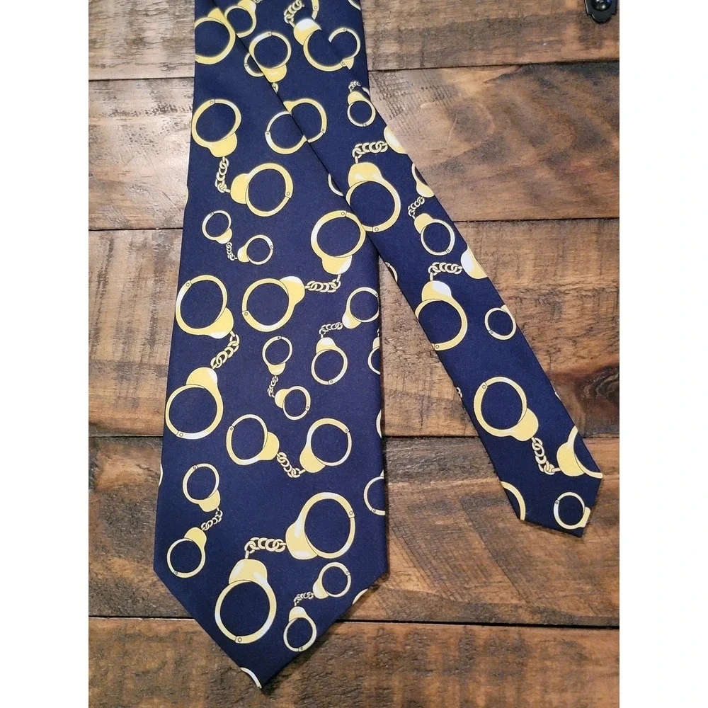 Parquet Navy Blue Gold Handcuff‎ Print Silk Blend Necktie